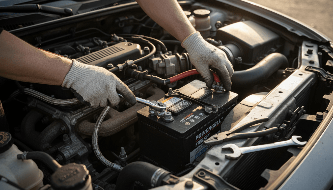 Technician installing a car battery in an engine bay
