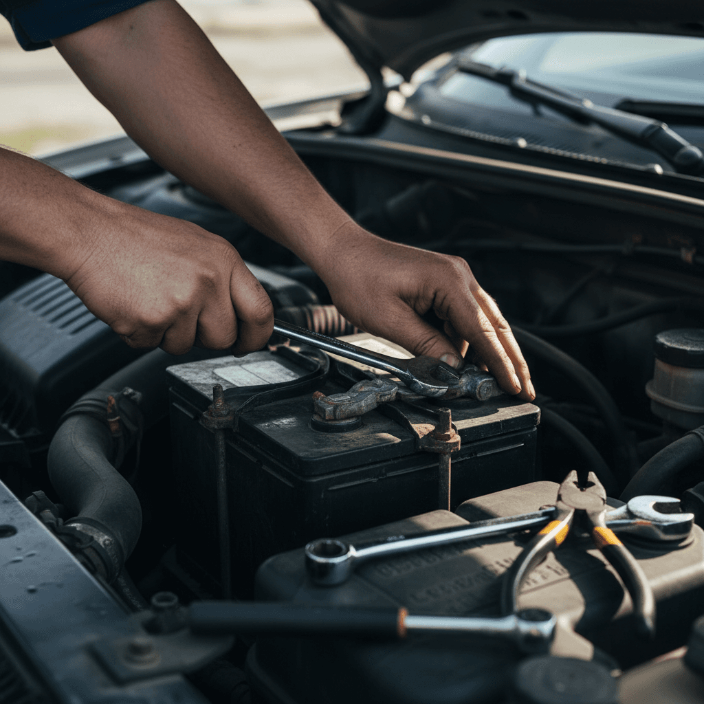 Technician efficiently removing old car battery