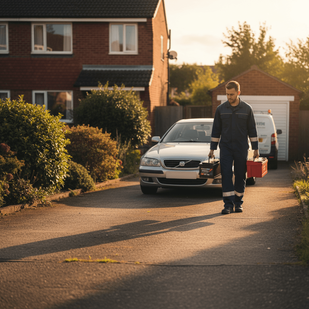 Battery Guys technician arriving at customer's home with fresh battery
